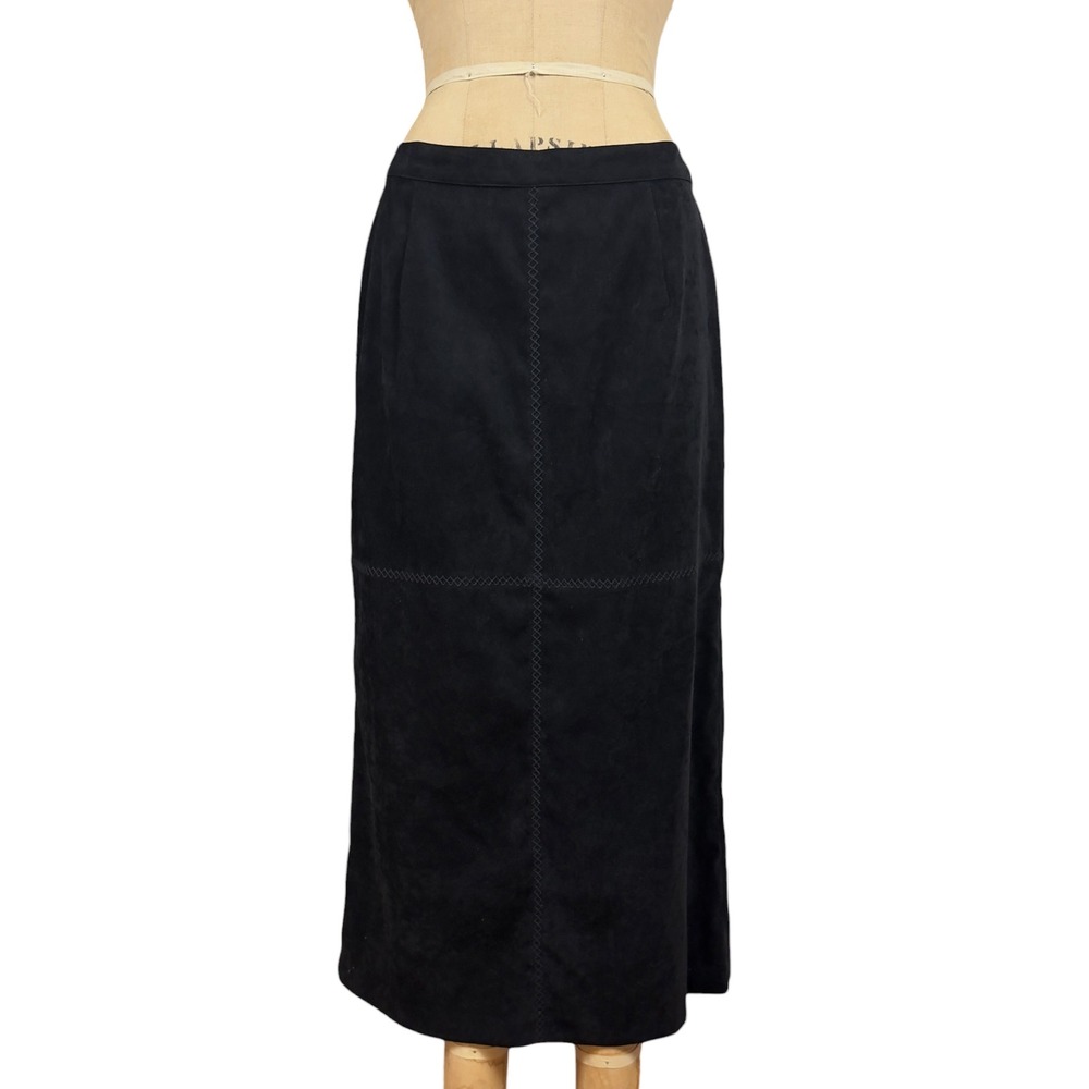 90s Minimalist Black Faux Suede Maxi Skirt Cross Stitch Whimsigoth Petite 14P